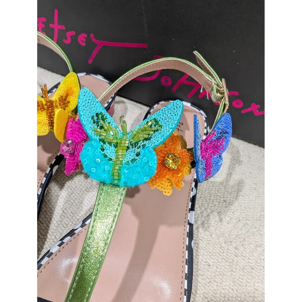 Betsey Johnson Halie Butterfly Floral Polka Dot Sandals Black Multi Size 7 NIB
